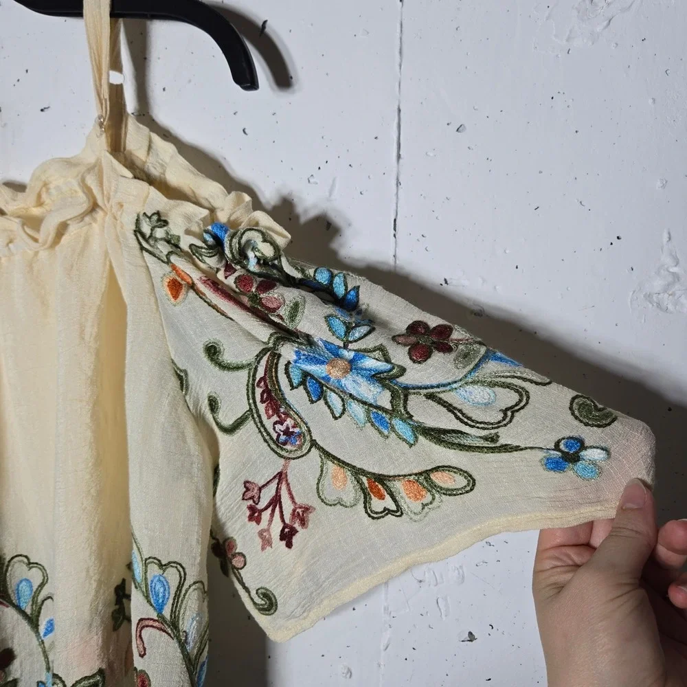 Cato Women Cream Floral Embroidered Top Small Boho Cottage Romantic Ivory Summer - Picture 3 of 10